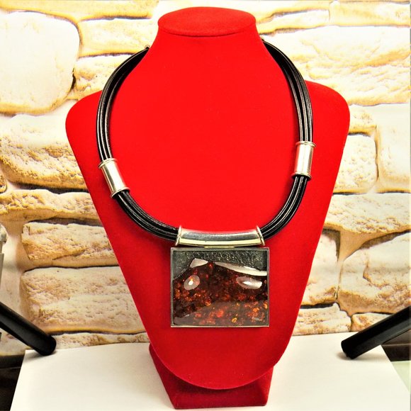 MASSIVE AMBER STERLING PENDANT MULTI LEATHER CORD NECKLACE, GIFT FOR WOMEN - Picture 4 of 11